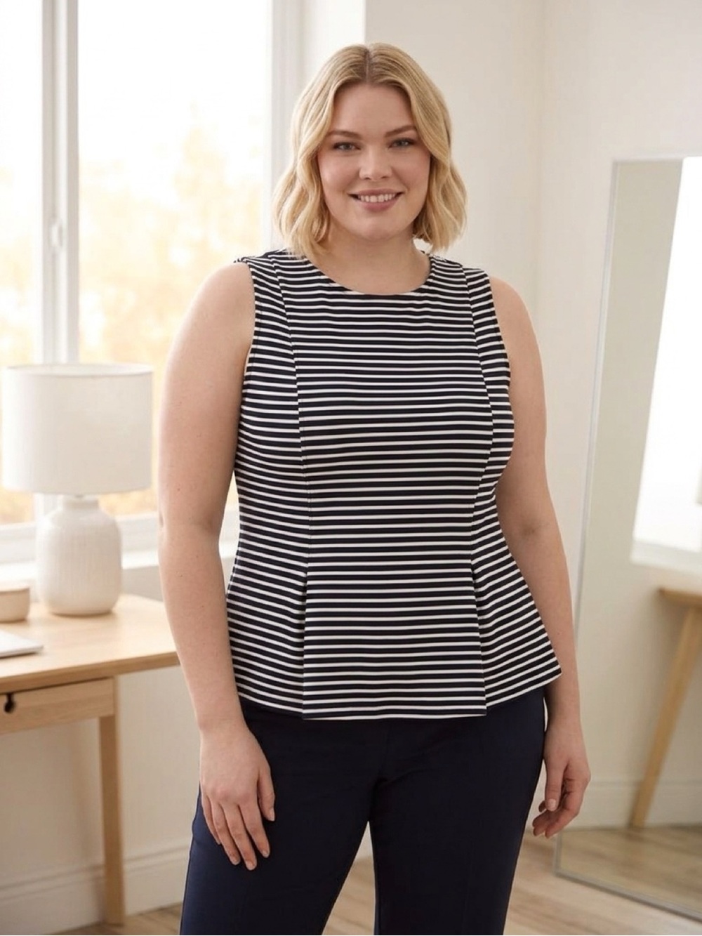 Anne Klein Navy and White Striped Sleeveless Tank